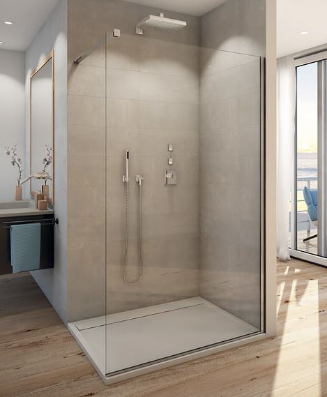 SONJA SWISS WALK-IN  BR. 1600  158.5-160.5 cm H2m TR. GLAS  ZILVER HOOGGLANS 8mm +MUURSTEUN 120cm