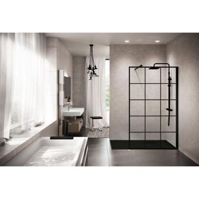 NOVELLINI KUADRA H SQUARE  VRIJSTAANDE WAND 117-120 H 200CM/ UITV. TRANSP. GLAS +ZWART MAT PROFIEL 