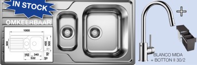 BLANCO MIDA SET 1000 X 500 1 1/2 BAKKEN OMKEERBAAR INOX + KRAAN/UITREKB FLEX + VUILBAK