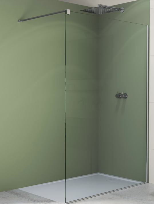 SONJA SWISS WALK-IN  BR. 1500 cm 148.2-150.7 H2m TR. GLAS  ZILVER HOOGGLANS 8MM +MUURSTEUN 120cm 