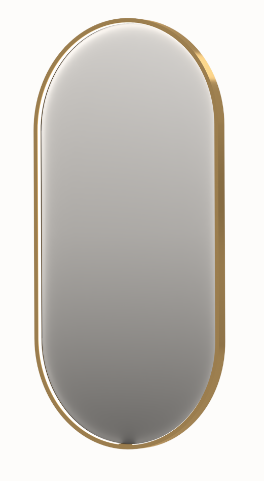 SPIEGEL INK OVAAL SP28 40 X 4 X 80  CM MET RONDOM LED VERLICHTING DIMBAAR EN COLORCHANGING 3000K TOT 6000K IN KADER EN SPIEGELVERWARMING UITV.MAT GOUD