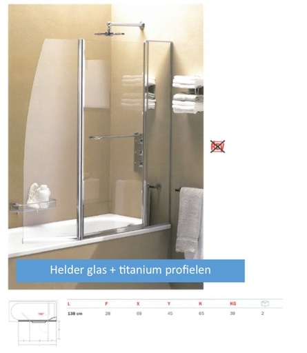 [INDA B0386 D AN 01] INDA BADSCHERM MET 2 PANELEN & VAST ELEMENT RECHTS SCHARN. HELDER GLAS MET CHROOM PROFIELEN