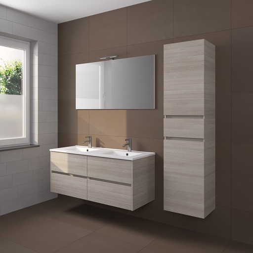 [PORTO 120 DP4 SP] F014046DP4 - RIHO PORTO MEUBEL 120CM GREY OAK + PORCEL. LAVABO + SPIEGEL + VERLICHTING (ONDERKAST MET 4 LADEN)