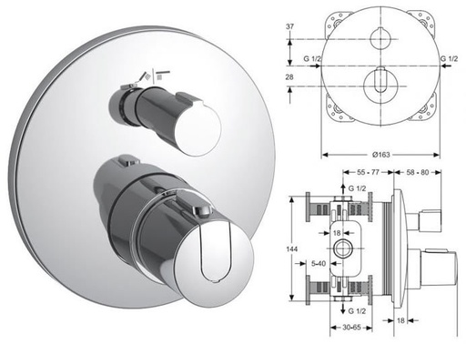 [A4888AA] A4888AA - IDEAL STANDARD INBOUWTHERMOSTAAT OPBOUWDEEL MET STOP EN OMSTELLINGCHR.