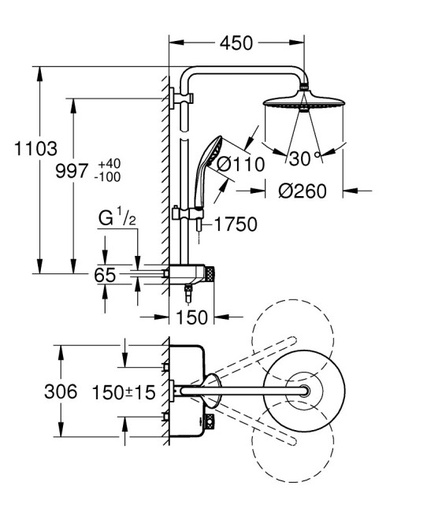  26509000 - GROHE EUPHORIA SHOWERPIPE  SMARTCONTROL MONO SYSTEM 260 MET THERMOSTAAT CHR. 