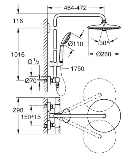 [GROHE 27 296 002 *] 27296002 - GROHE EUPHORIA SHOWERPIPE 260 * THERMOST CHR  handd 3str regelbaar